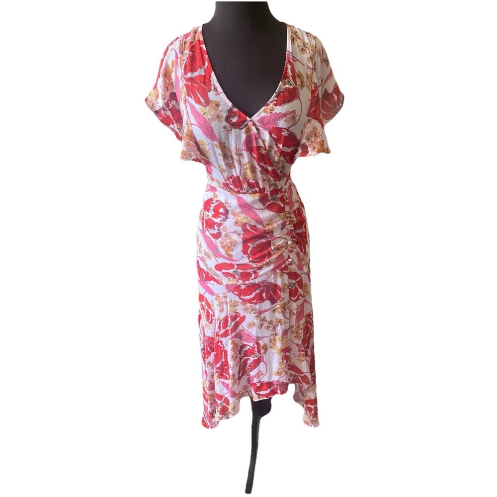 Parker Vivi Dress Pink Floral Print Midi Dress Flutter Sleeves 100% Silk size 00